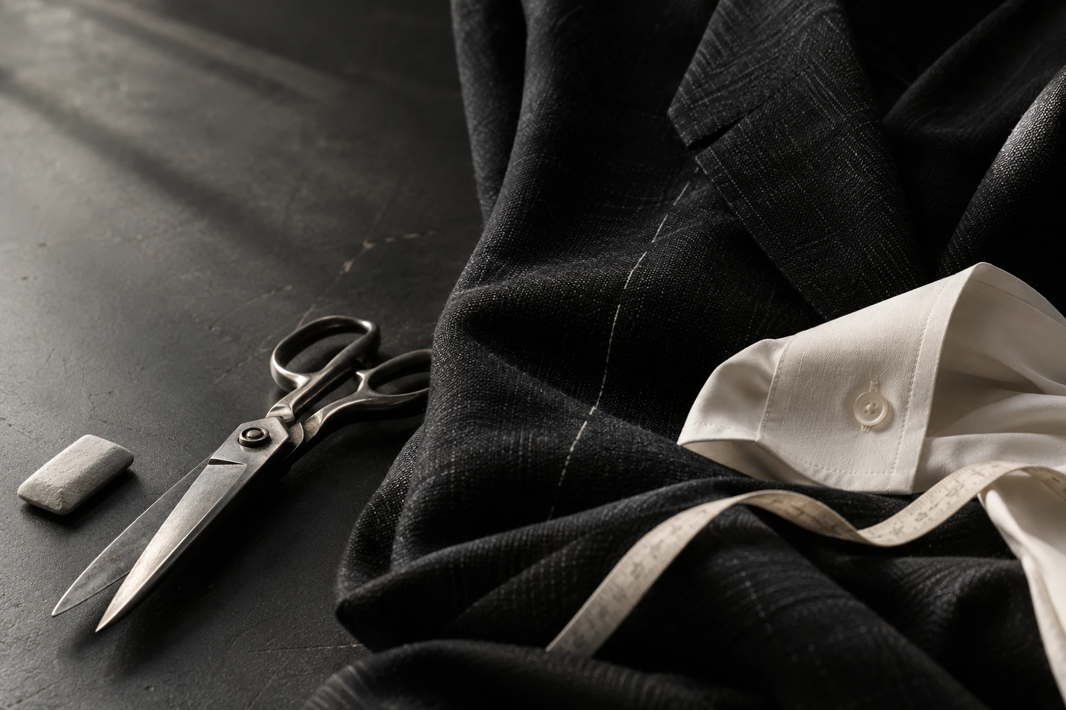Illustrative still life of charcoal suiting, an ivory cuff, tailor’s shears and chalk